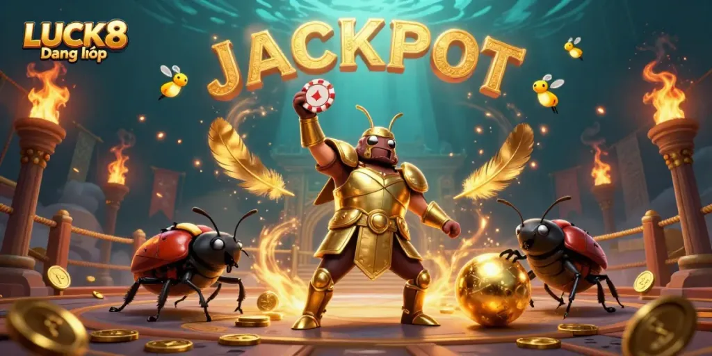 Experience LUCK8 Đăng nhập as the triumphant beetle lifts a poker chip amidst a vibrant casino world.