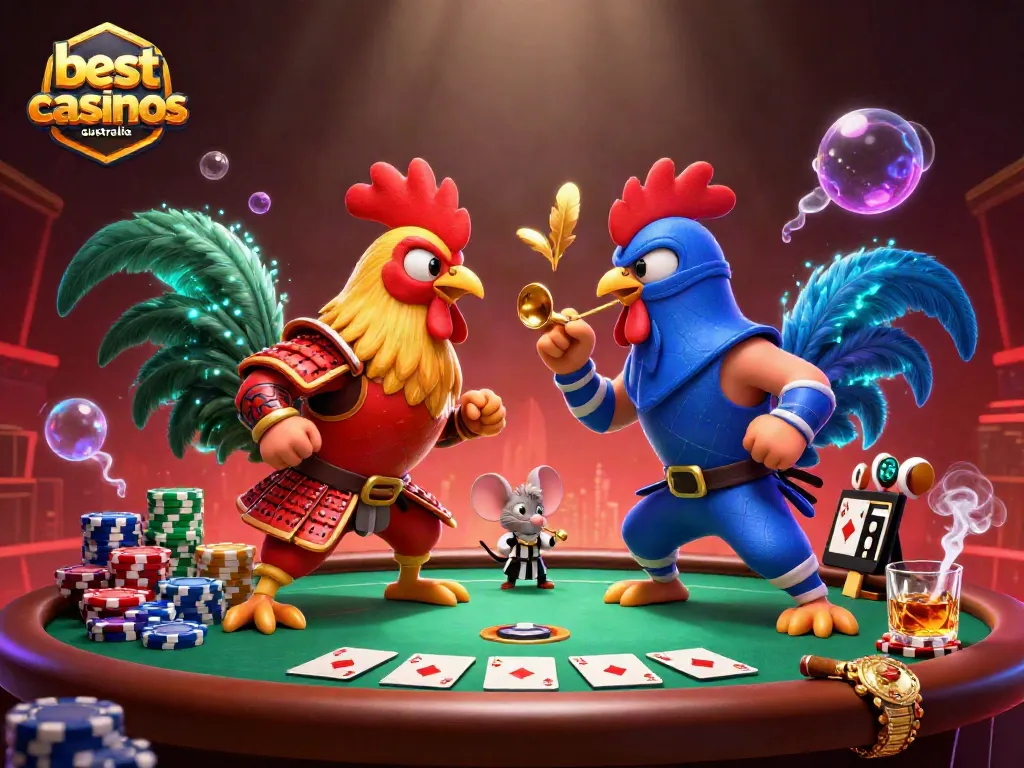 Engage with the best crypto casinos in Australia, showcasing a dynamic poker scene with fighting characters.