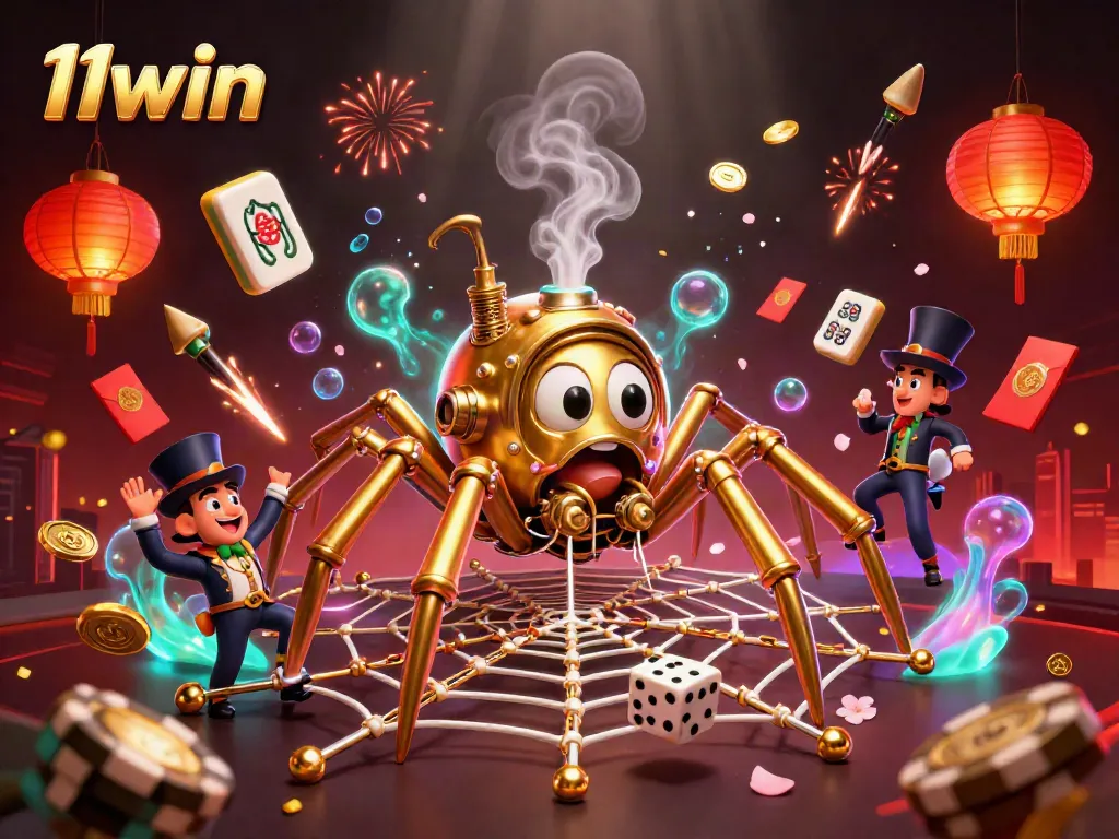 Experience thrilling gambling with 11win as a steampunk spider catches unlucky dice in a vibrant casino scene.