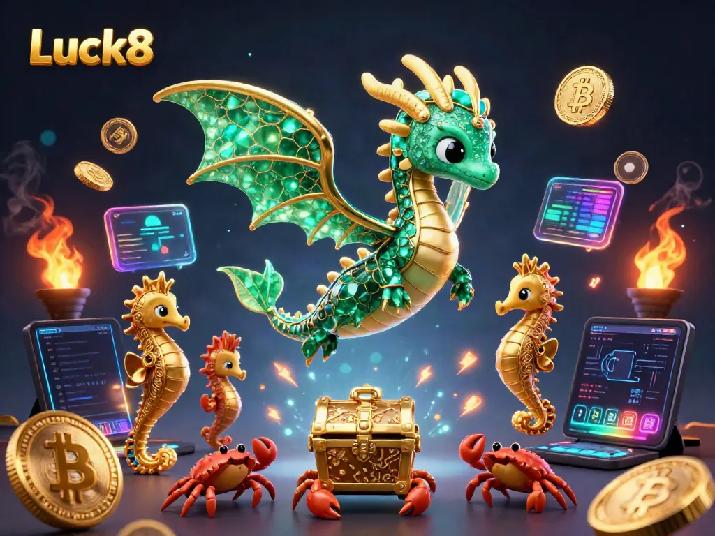 Luck8 illustration with a royal seahorse guarding a treasure, highlighting vibrant casino action.