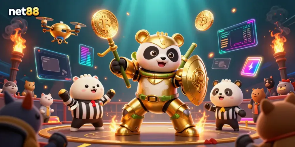 Engage in exciting gameplay with net88's golden panda piloting a bamboo robot, surrounded by vibrant cryptocurrency elements.