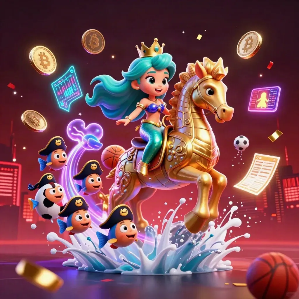 Mermaid princess on a gold seahorse amid neon coins, fish, lightning, and casino sports props