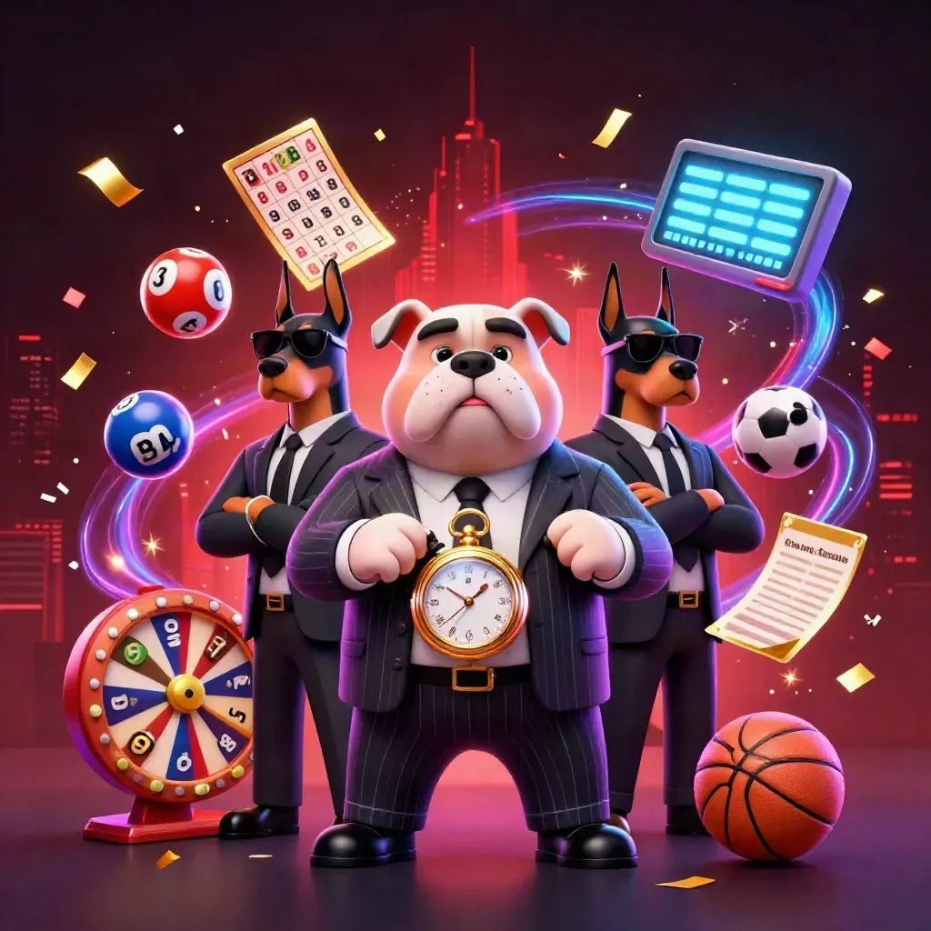 Bulldog boss and Doberman guards amid lottery balls, prize wheel, confetti, neon casino chaos