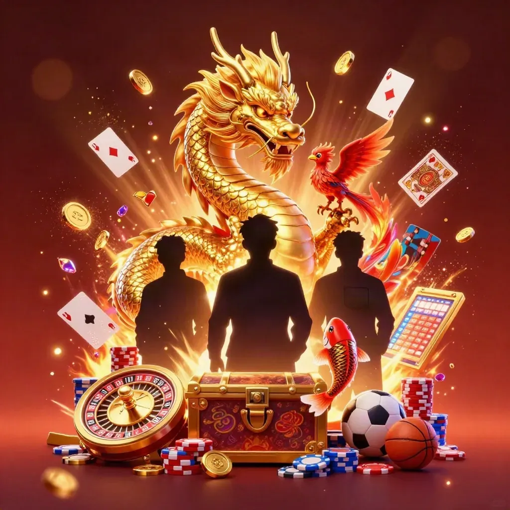 Golden dragon, phoenix, koi, and casino symbols exploding in neon treasure light.