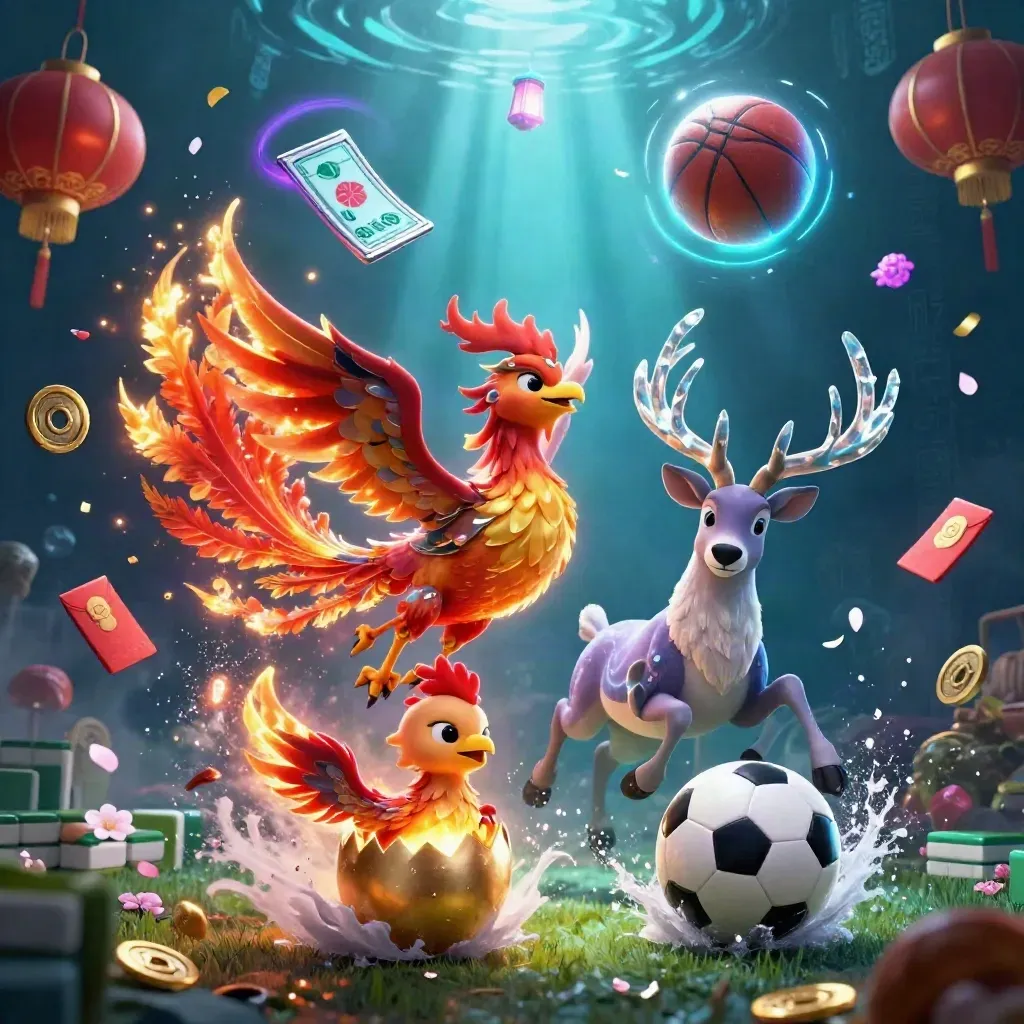 Phoenix trio with soccer ball, basketball and casino effects in neon violet and cyan.