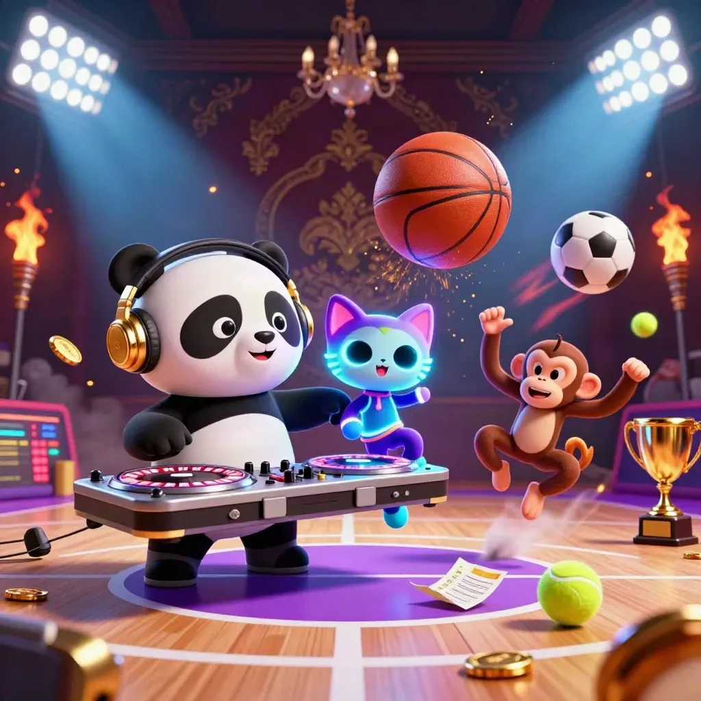 DJ panda, breakdancing monkey, and glow-kitten amid flying balls, coins, and neon casino lights.