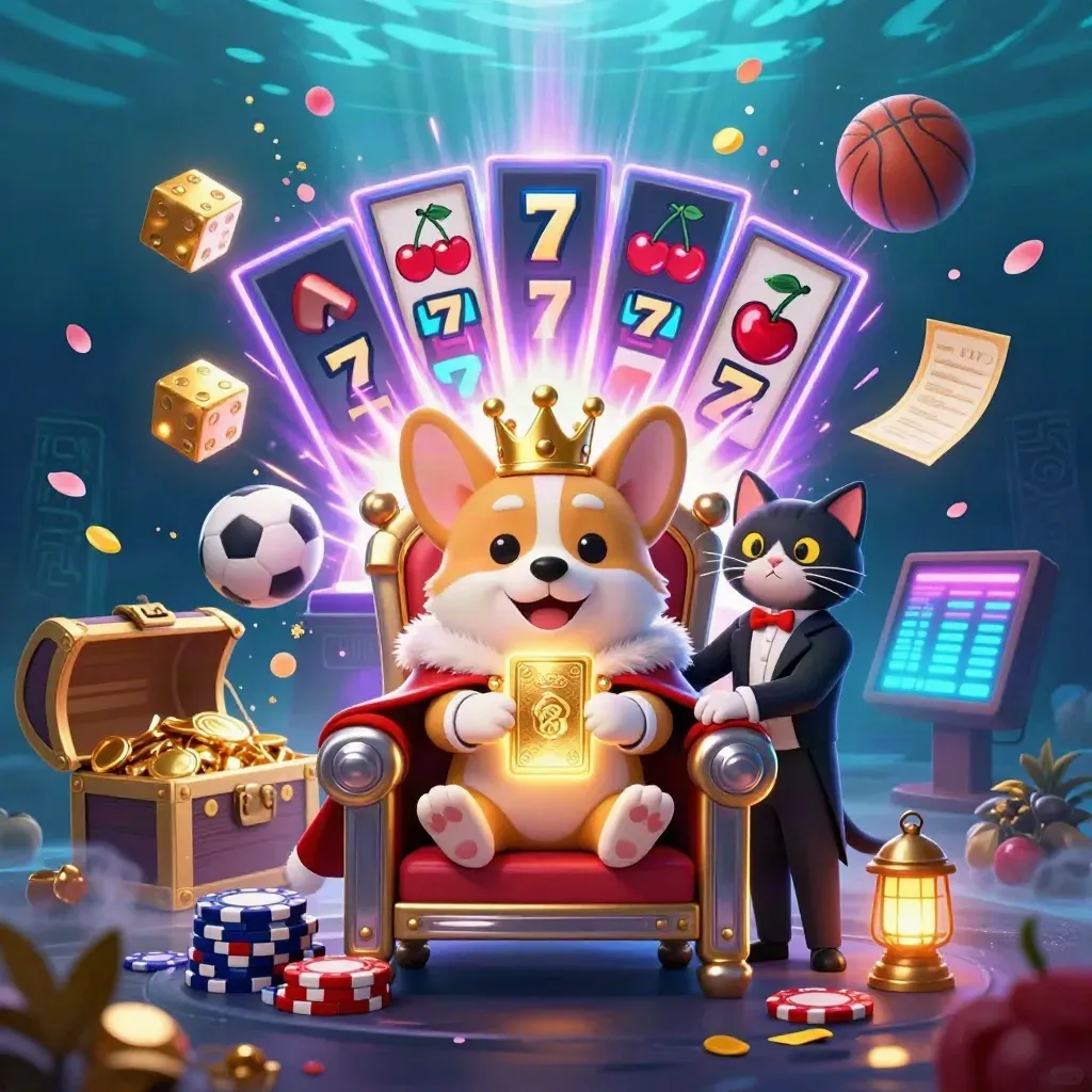 Crowned corgi and cat butler amid exploding slot machine, flying sports balls and gold.