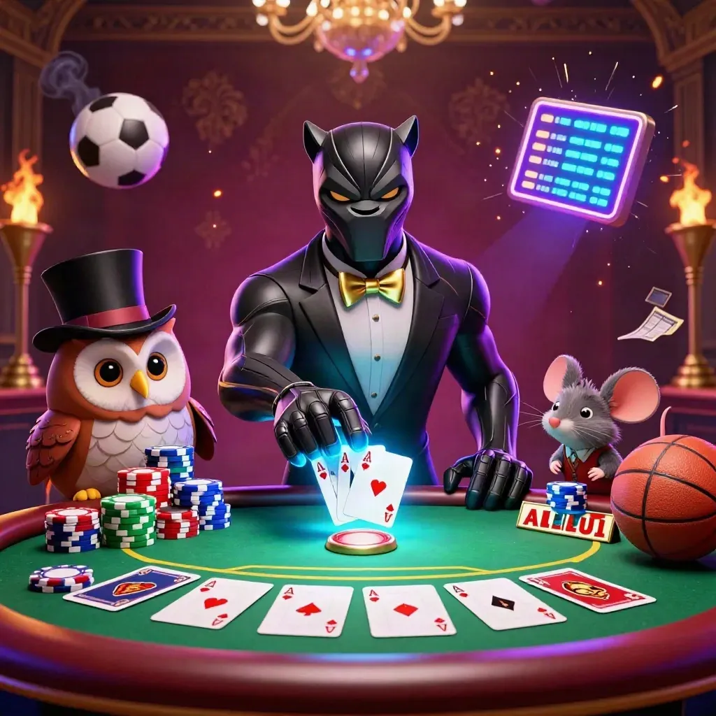 Panther, owl, and mouse deal chips at a neon casino poker table with balls and betting props.