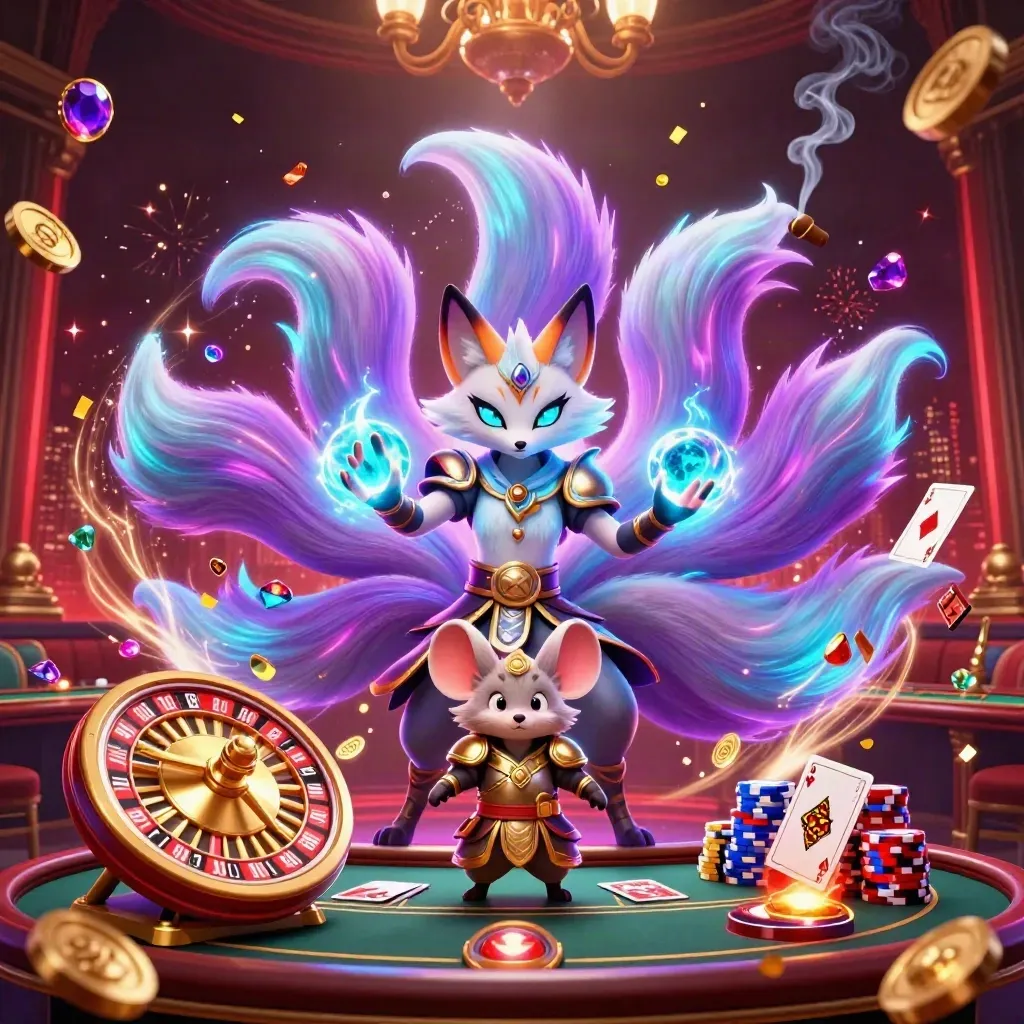 Neon fox spirit and armored mouse in a luxury casino glow with coins, gems, and roulette.
