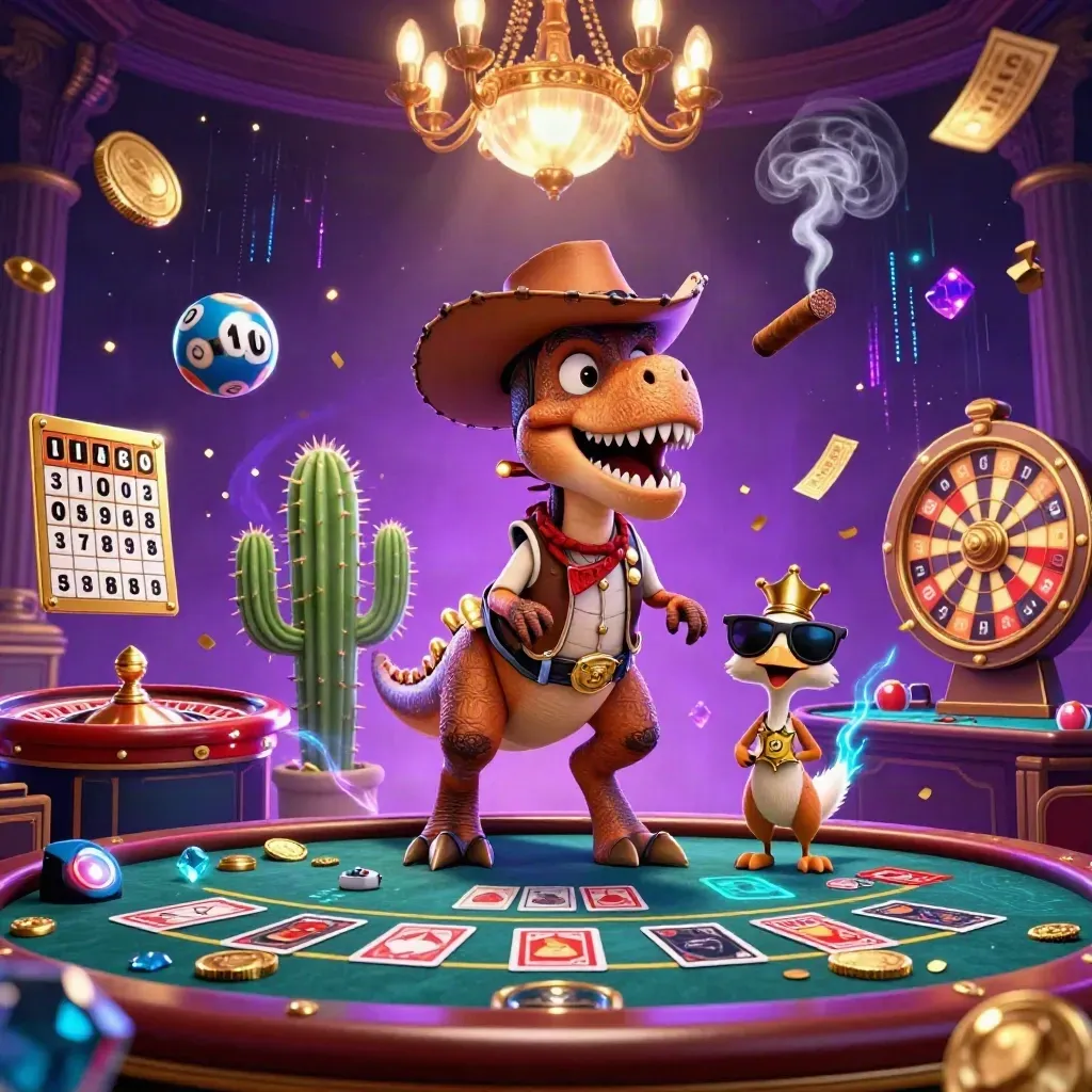Cowboy T-Rex, cactus sidekick and roadrunner in a neon casino room with wheels, gems and lightning.