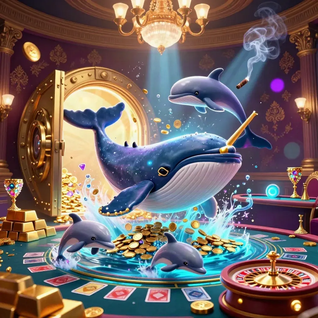 Cartoon whale, narwhal, and dolphins amid vault light, gold, gems, and neon casino glow.