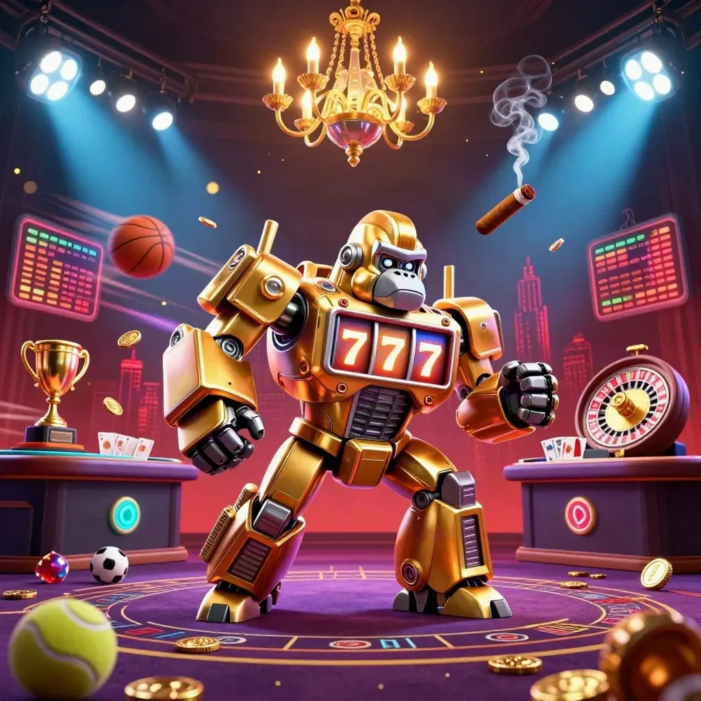 Golden gorilla mech with monkey pilot amid casino lights, sports balls, coins, and a spinning roulette wheel.
