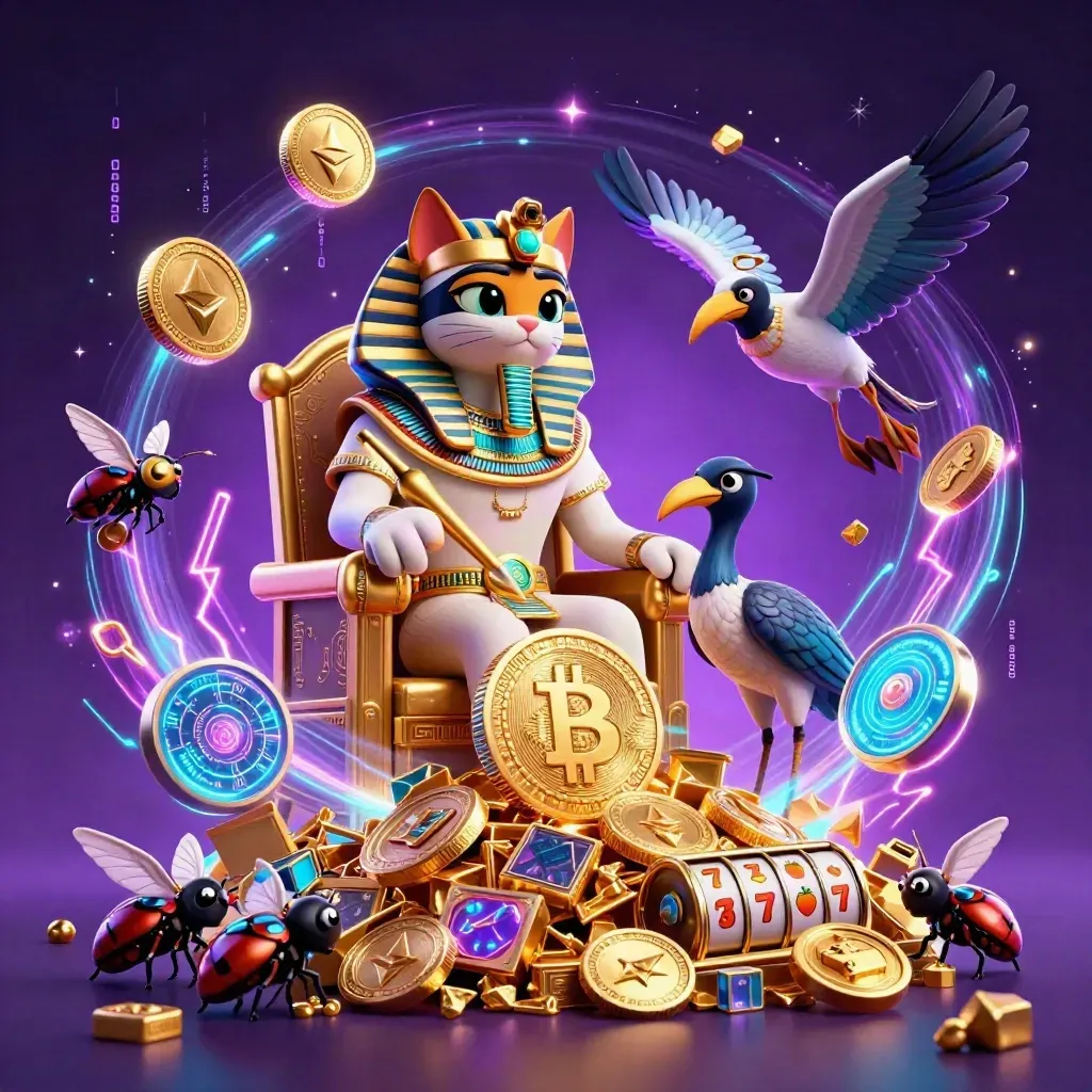 Pharaoh cat, ibis scribe, and gem-wing scarabs amid neon coins, lightning, and casino treasure.