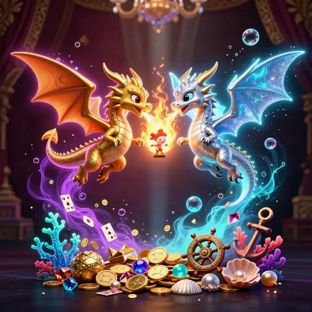 Gold and silver dragons swirl with fire and ice over a glowing treasure cove.