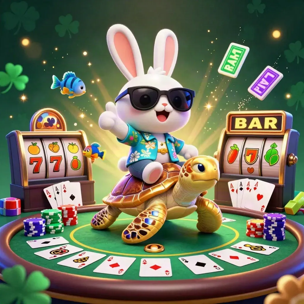 Lucky rabbit on gem-shell turtle with casino props, neon sparkles, and dark emerald glow.