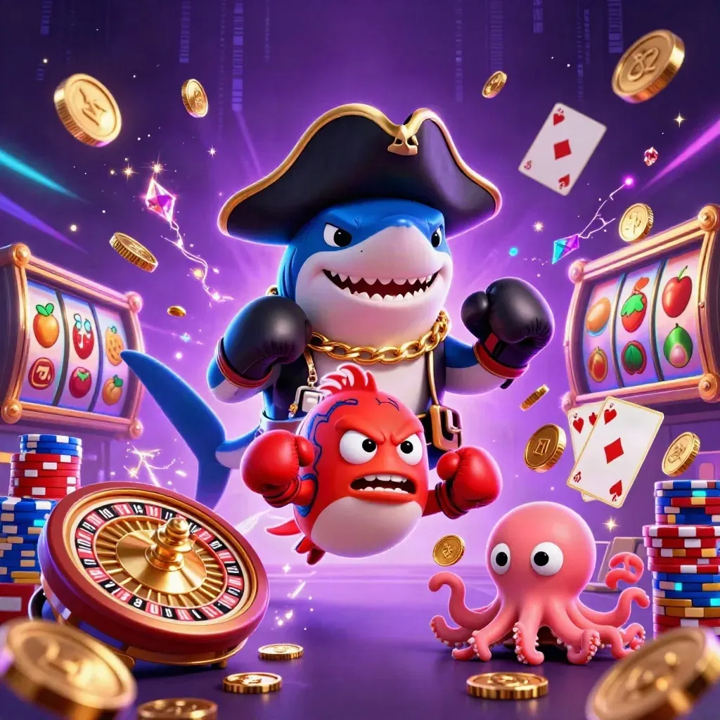 Pirate shark, boxing pufferfish, and coin-juggling octopus amid neon casino magic.