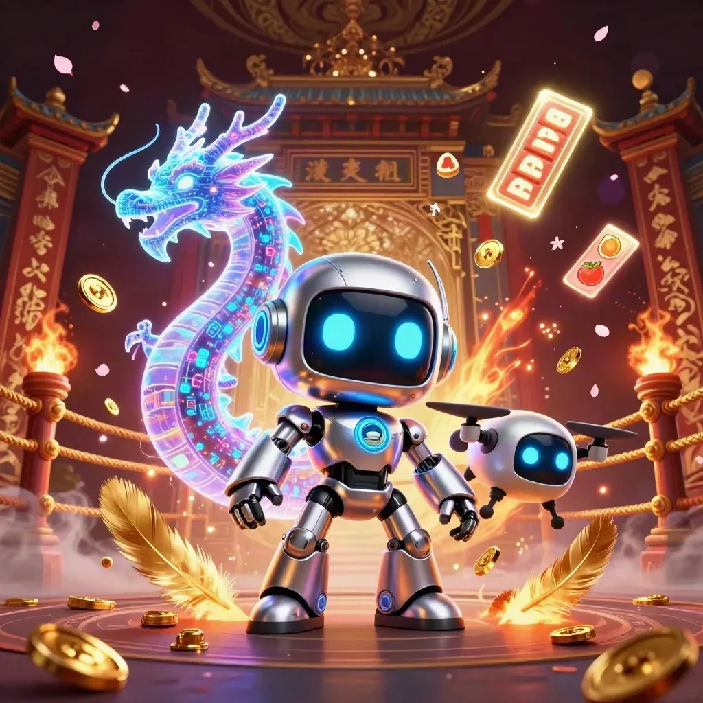Cyberpunk robot, holographic dragon, and coin drone amid neon casino temple effects