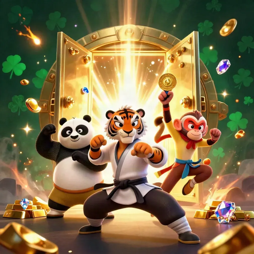Kung-fu tiger, panda, and monkey burst from a glowing treasure vault with gold and gems.