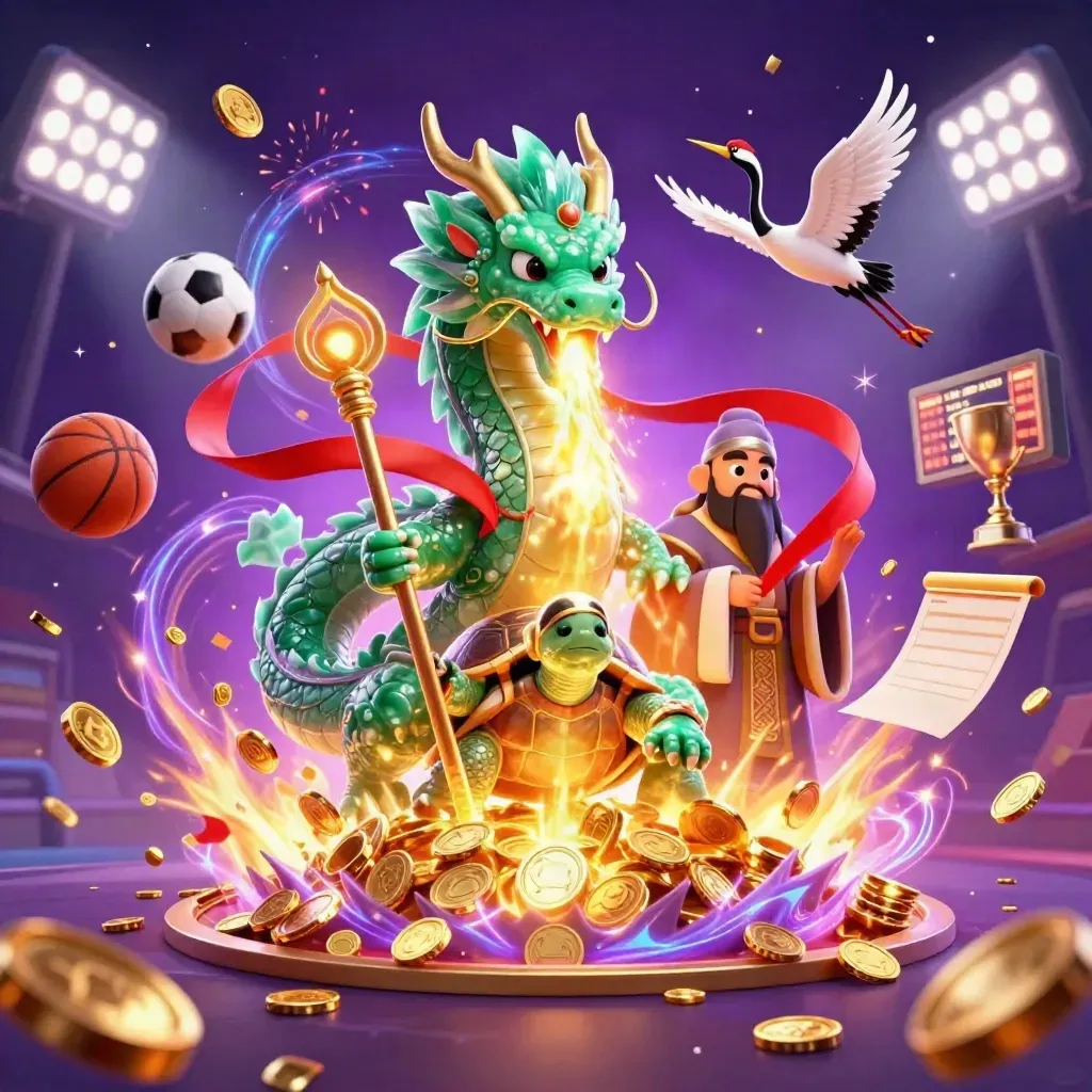 Emerald dragon, turtle sage and cranes amid coins, fireworks and neon casino treasure.