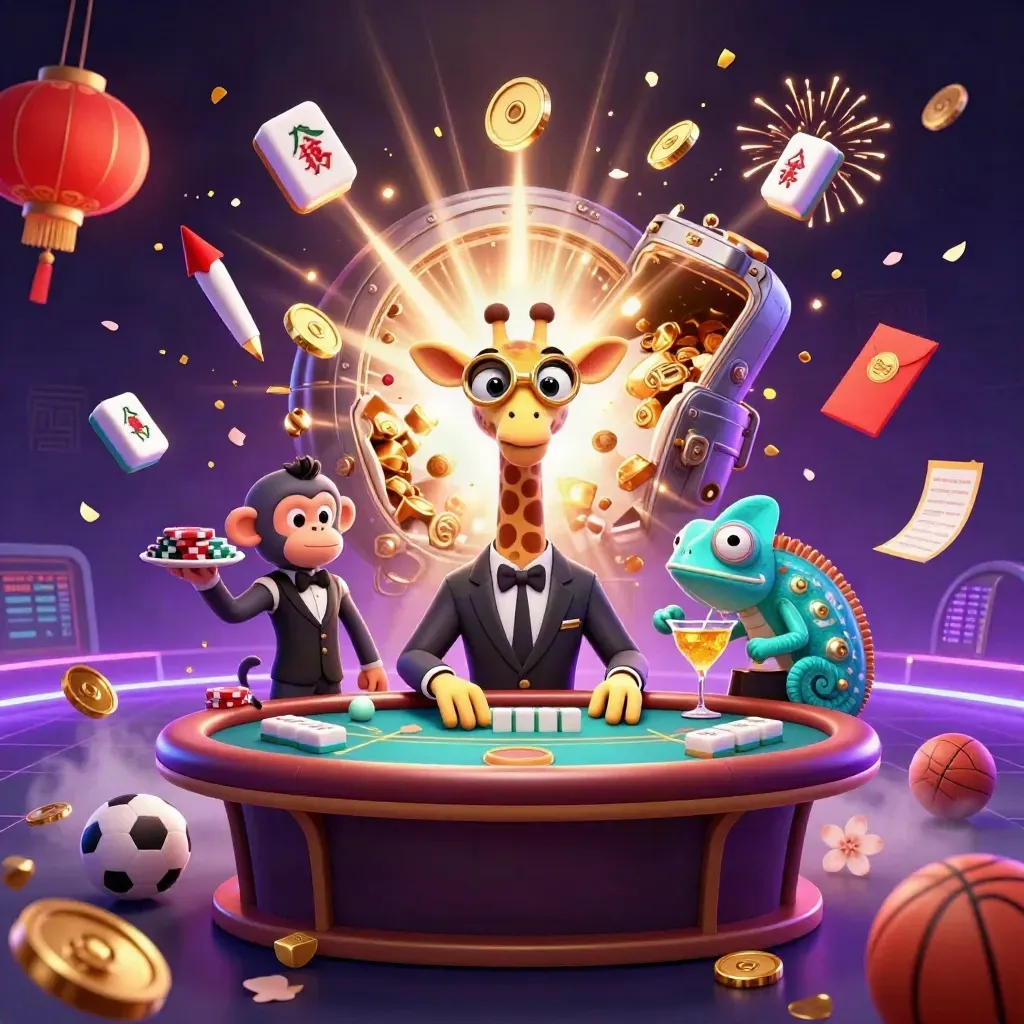 Giraffe high roller, monkey valet, and chameleon bartender amid coins, lanterns, fireworks, and casino props