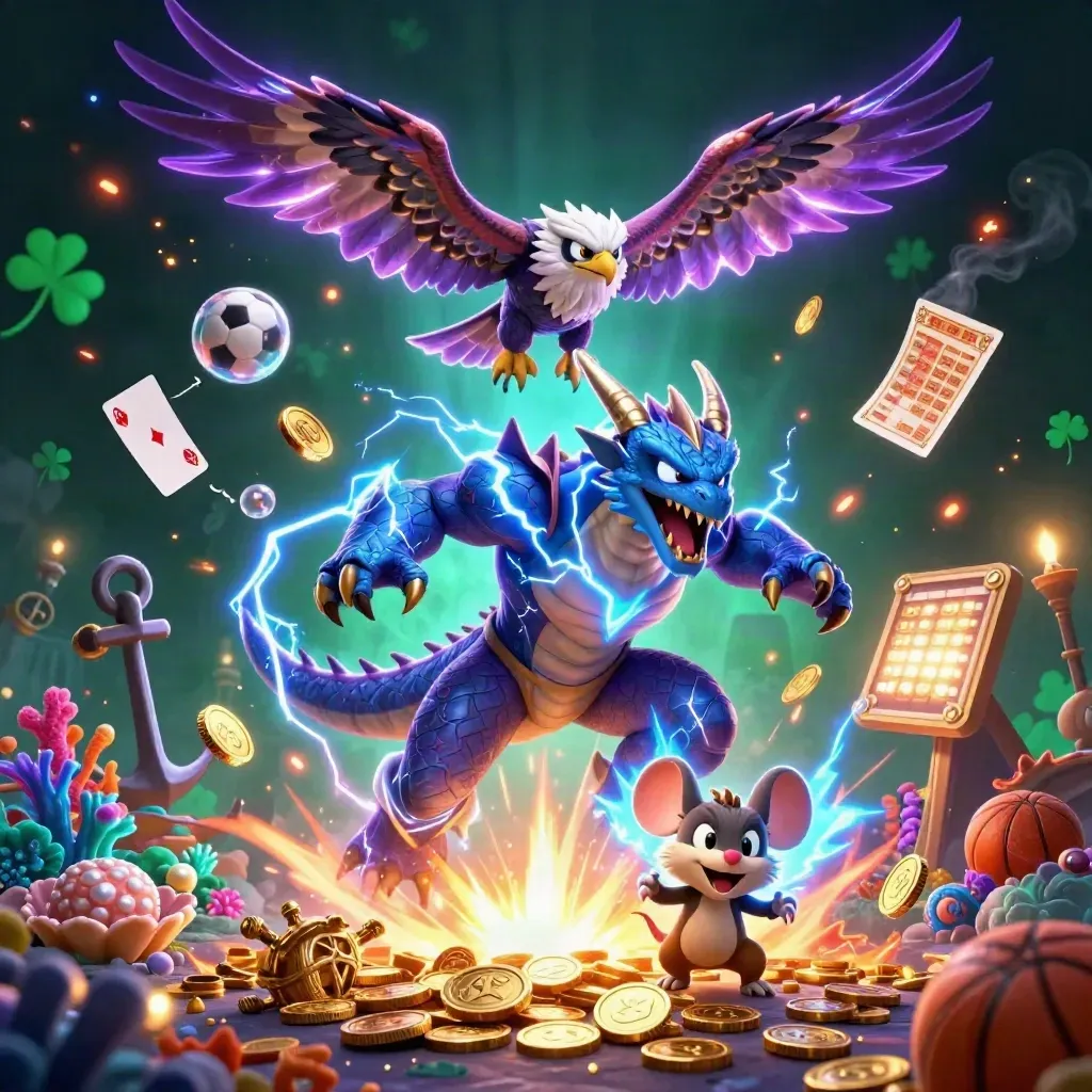 Thunder dragon, wind hawk, and lightning mouse burst through treasure, coins, and casino props.
