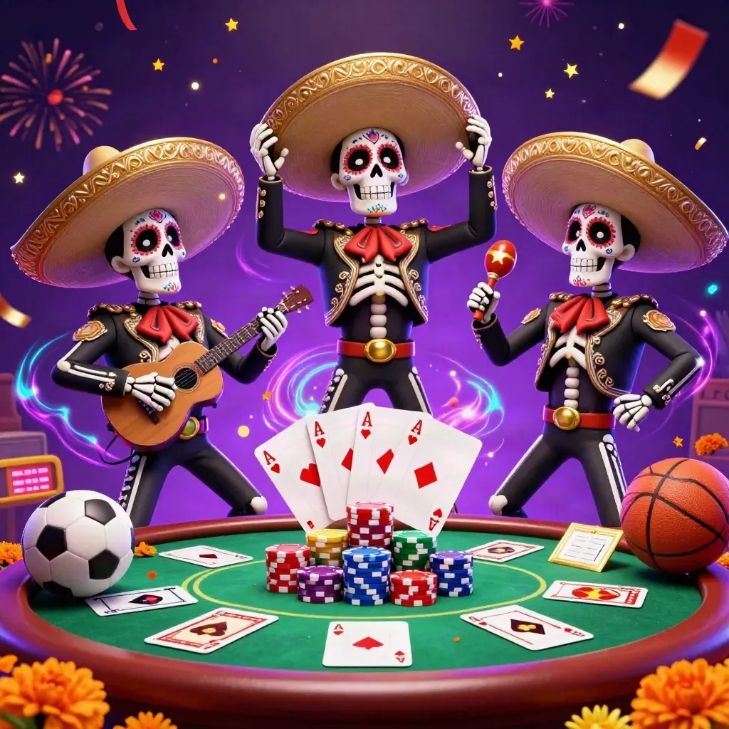 Day-of-the-Dead skeleton mariachi trio amid casino chips, coins, fireworks and neon swirls