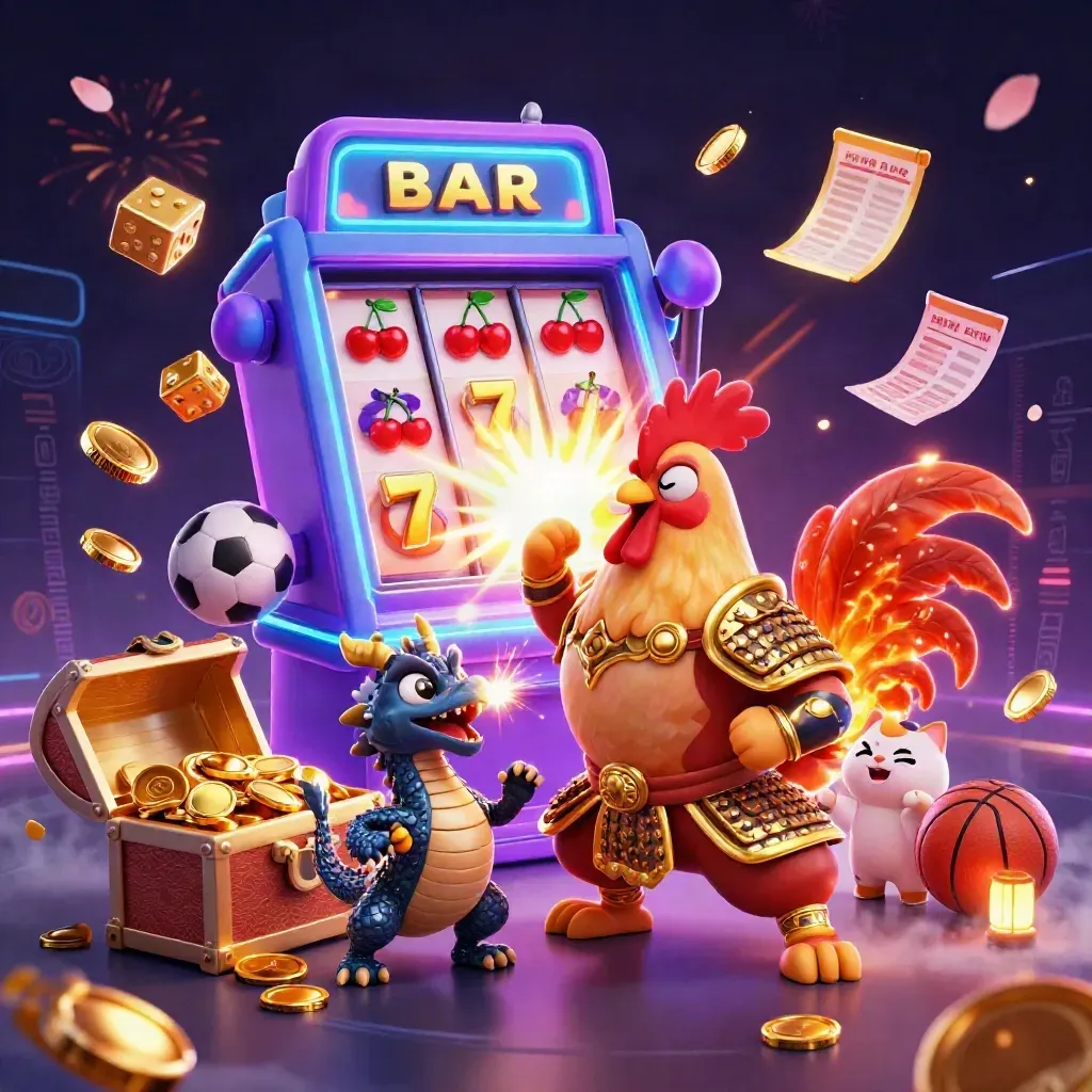 Rooster warrior, dragon hatchling, and fortune-cat amid jackpot bursts, coins, and neon casino treasure.