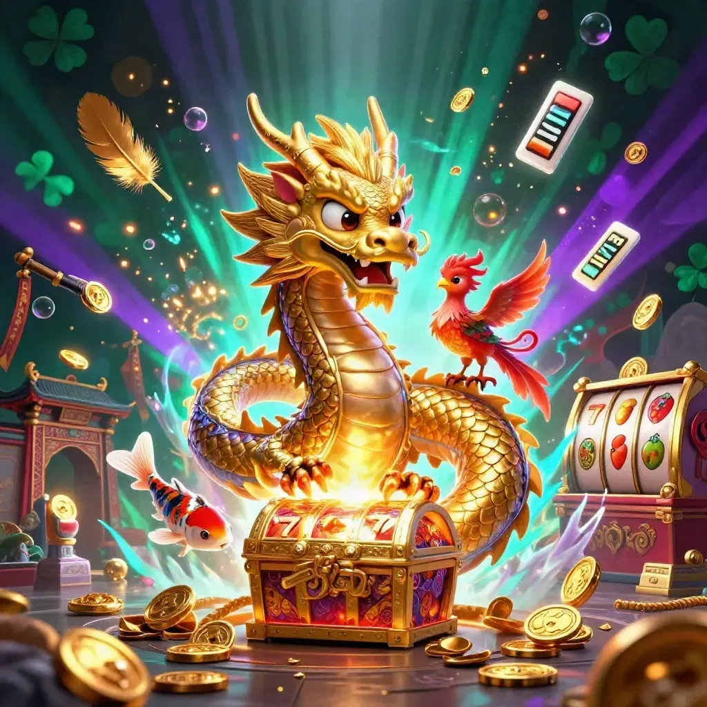 Golden dragon, phoenix, and koi around a treasure chest in a neon casino fantasy
