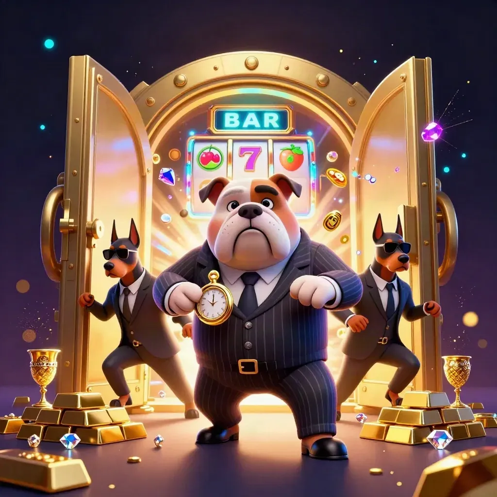 Bulldog mob boss with two Dobermans amid a vault of gold, gems, reels, and neon casino effects.