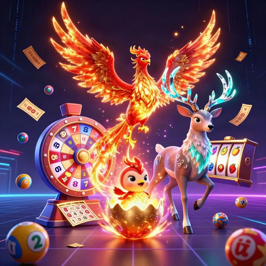 Phoenix, hatching egg, and crystal stag burst from neon casino effects on a dark grid.