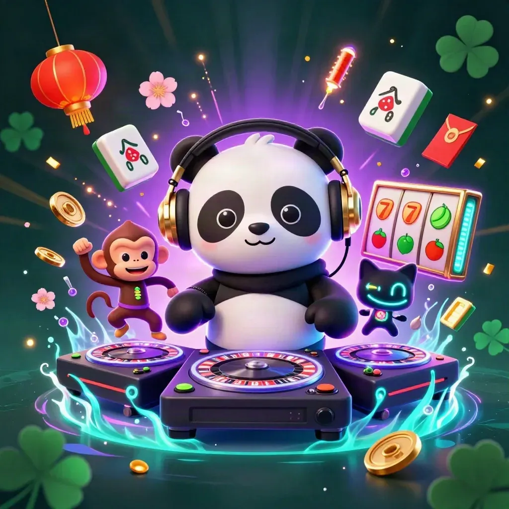 Neon panda DJ, dancing monkey, and rave kitten amid casino symbols in dark electric glow.