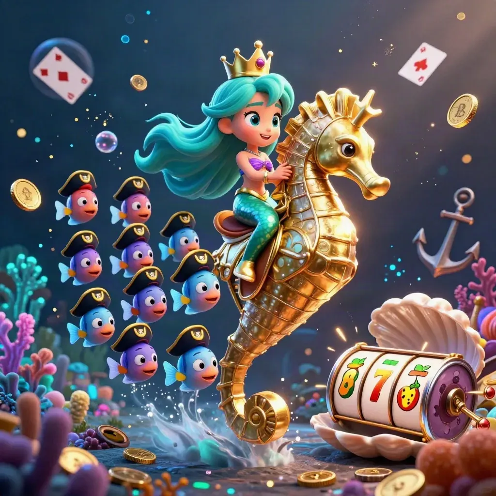 Mermaid princess rides armored seahorse amid neon treasure and casino symbols.