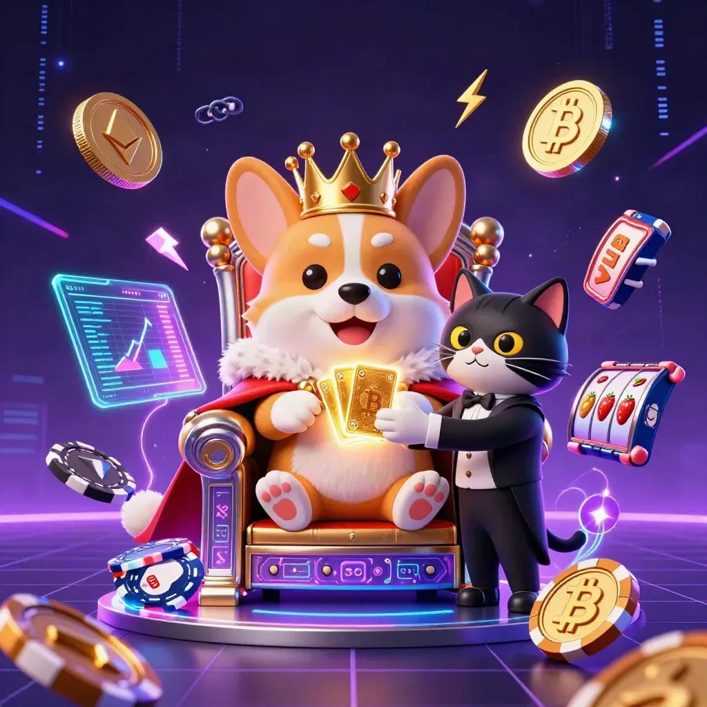 Royal corgi on chip throne with cat butler, neon coins, lightning, and slot symbols.