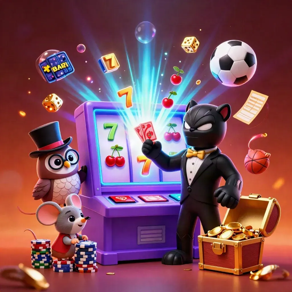 Panther, owl, and mouse gamble beside a jackpot slot machine with gold and neon glow