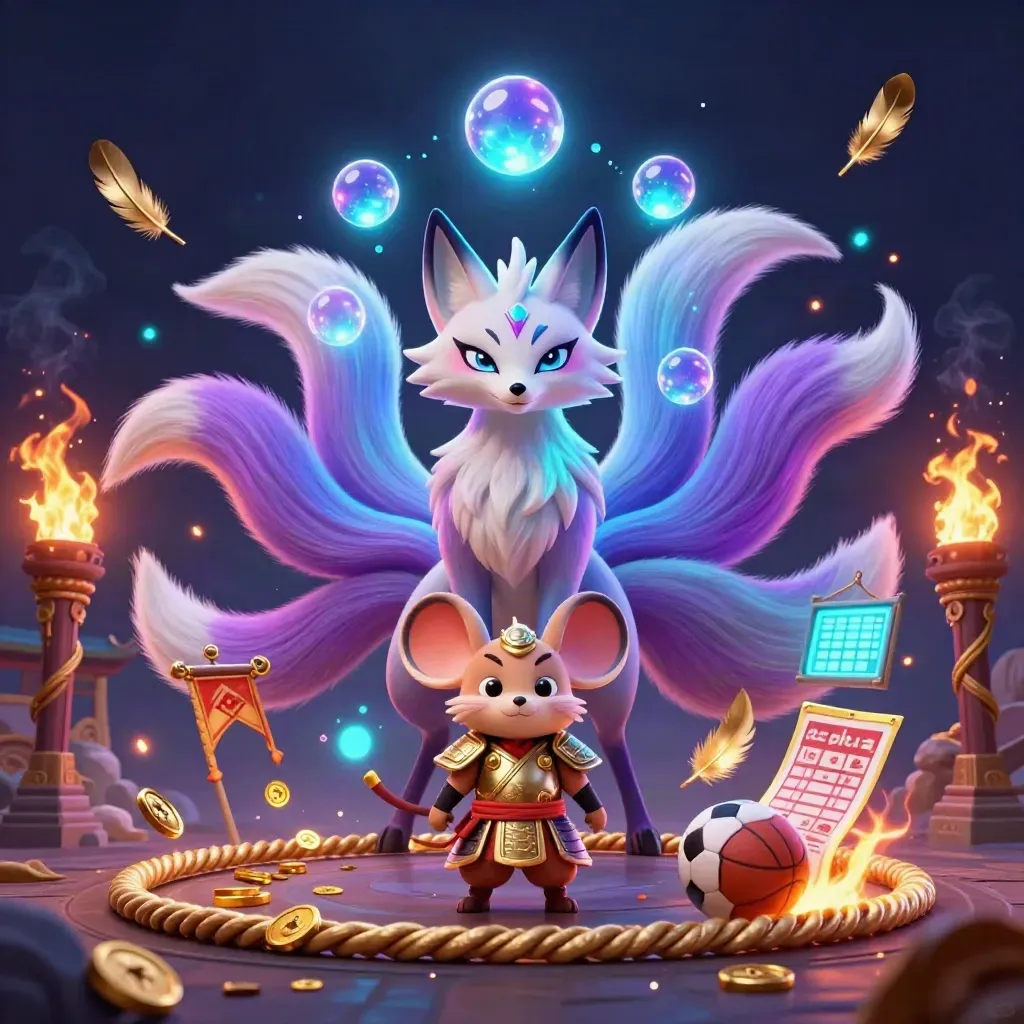 Neon fox spirit and golden mouse amid casino and sports betting artifacts