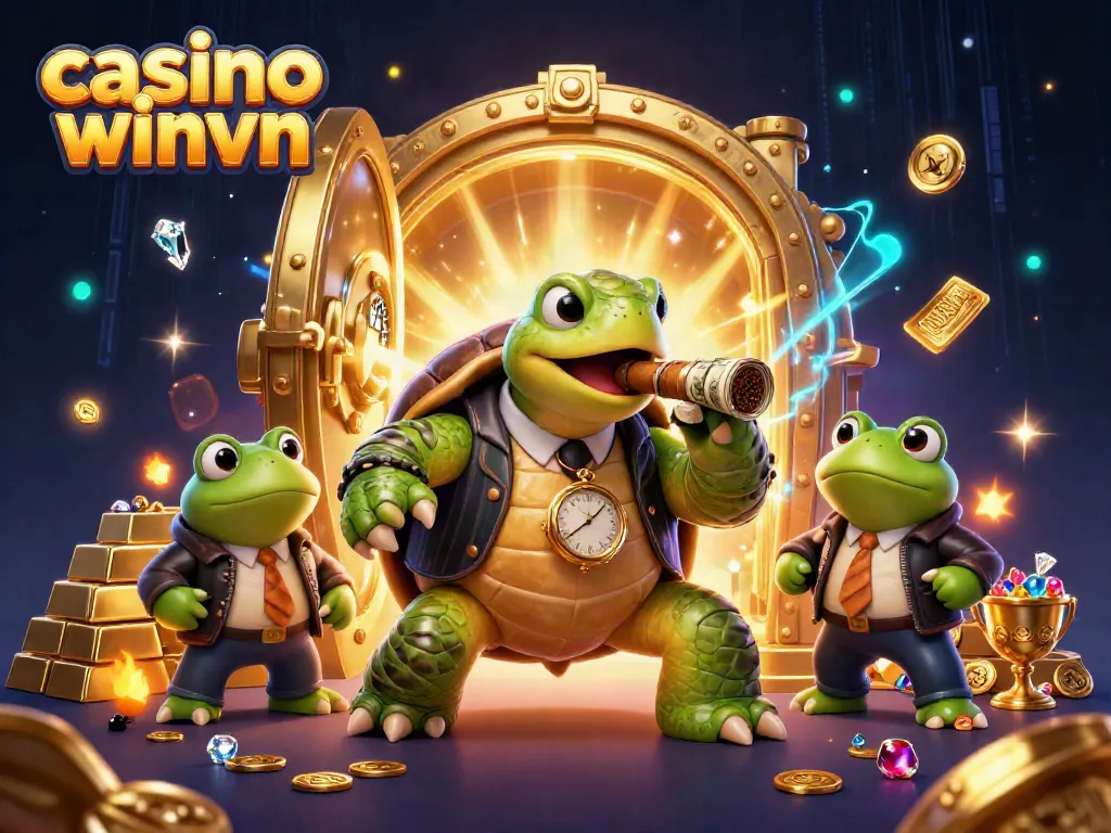 Experience the thrill of casino winvn with lively cartoon characters amidst sparkling treasures.