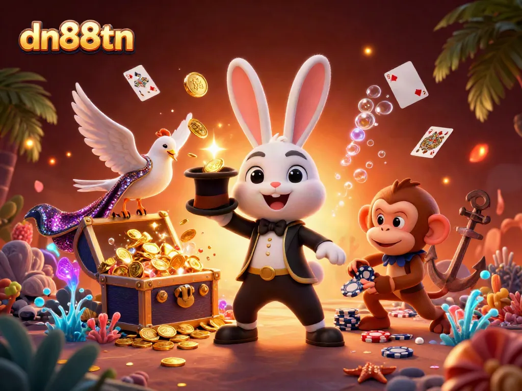 Experience the magic of dn88tn as a magician rabbit unveils treasure in a vibrant casino scene.