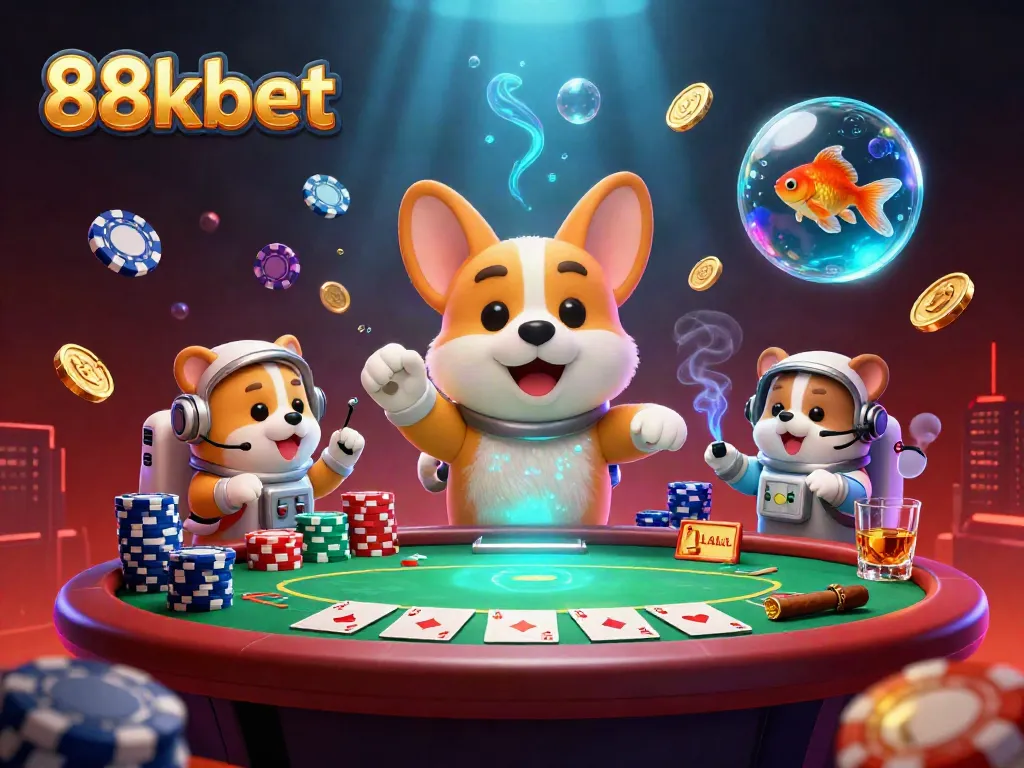 Engage with thrilling gambling dynamics at 88kbet featuring a corgi, hamster, and goldfish in a space casino.