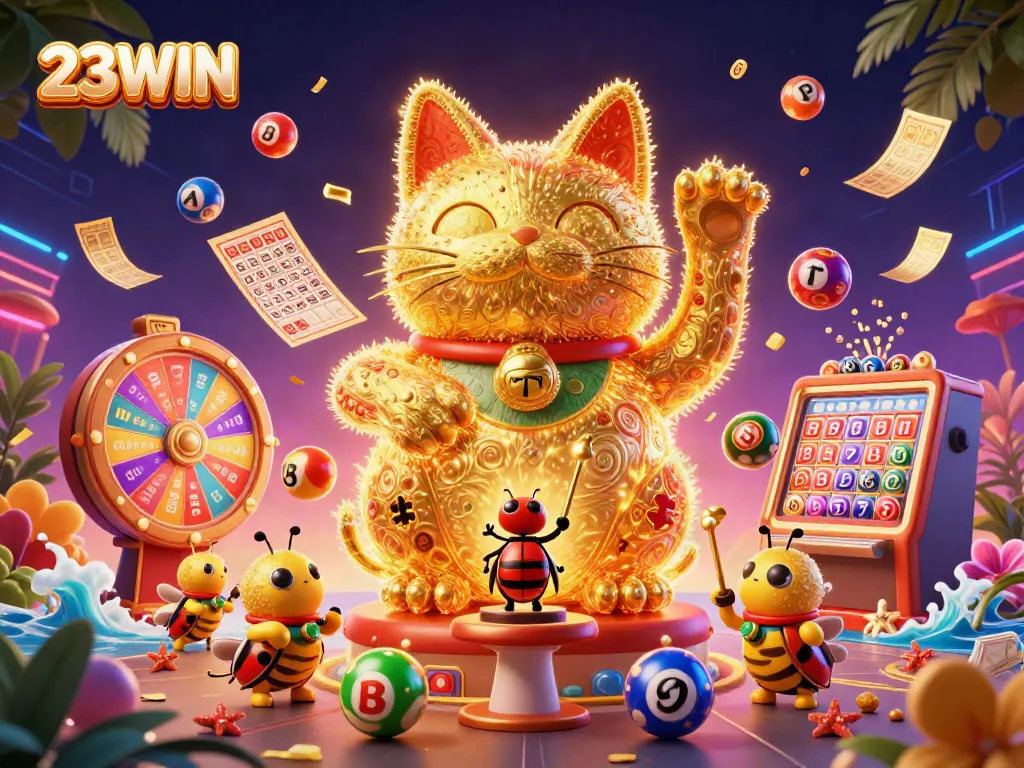 Experience excitement with 23WIN as animated golden fireflies embody a giant lucky cat in a vibrant casino scene filled with lottery elements.