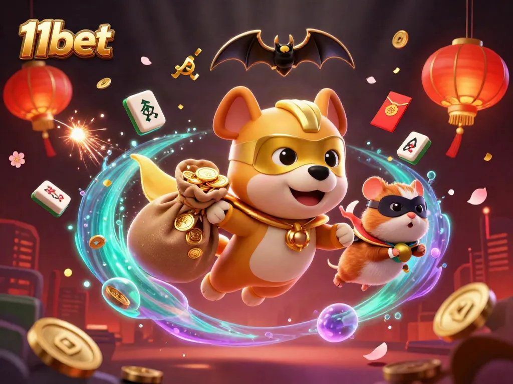 Win big with 11bet in a vibrant casino scene featuring a superhero dog and gaming elements.