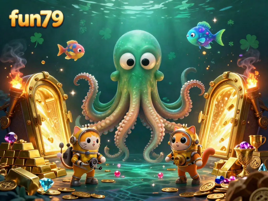 Experience thrilling jackpots at fun79 with a vibrant underwater treasure hunt scene, featuring a kraken and diving cat.