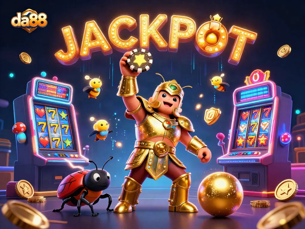 da88 triumphantly features a cartoon hercules beetle celebrating with a poker chip in a casino scene