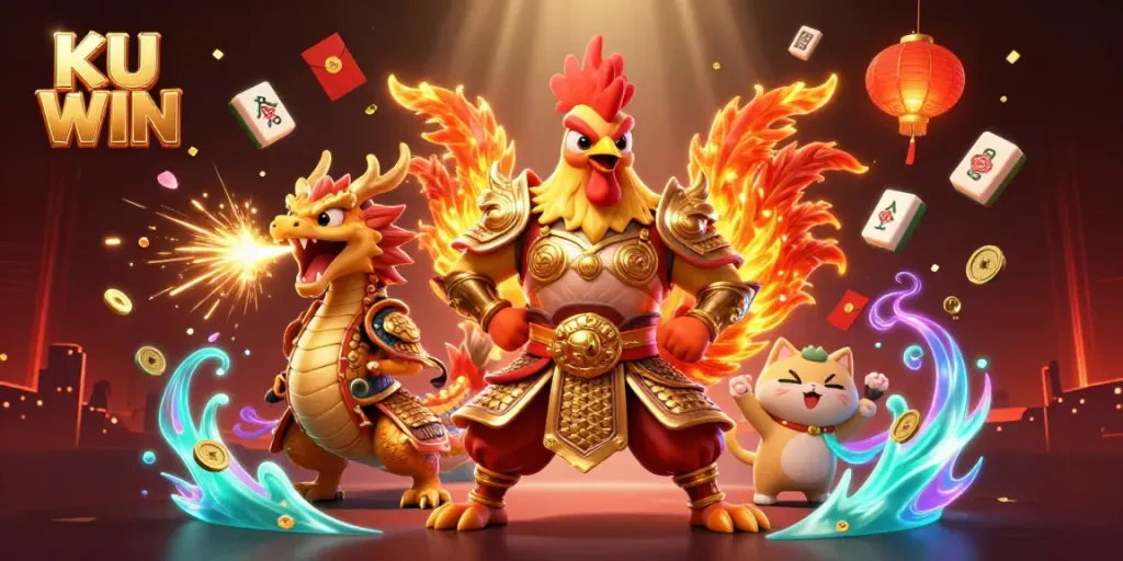 Engage with the vibrant action of KU WIN through a dynamic 3D casino illustration featuring iconic characters and festive elements.