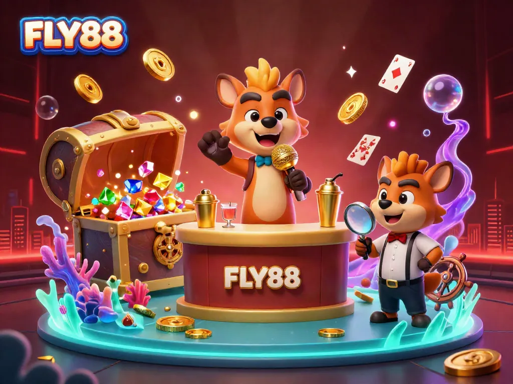 Experience the excitement of FLY88 with a lively casino scene featuring cartoon hyenas in action.