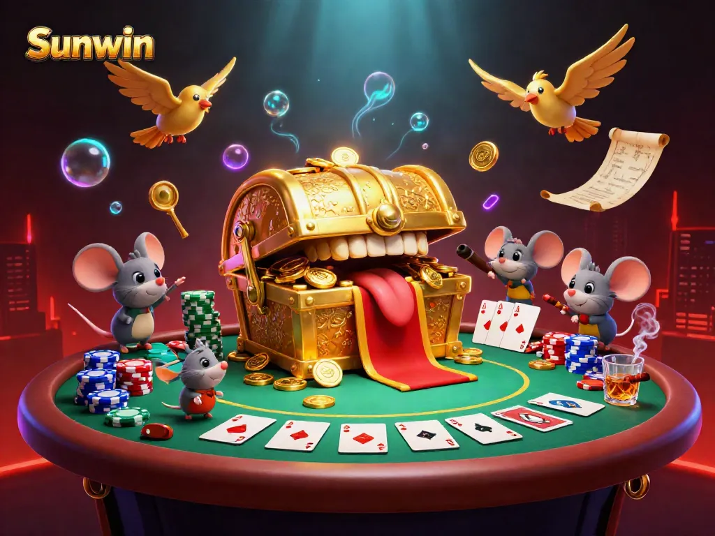 Play with Sunwin at thrilling poker tables surrounded by treasure in this animated casino scene.