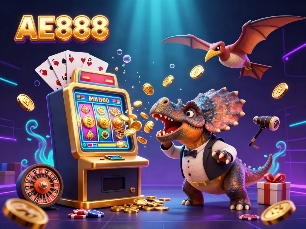 Experience exciting wins with AE888 as cartoon dinosaurs engage in a thrilling casino scene.