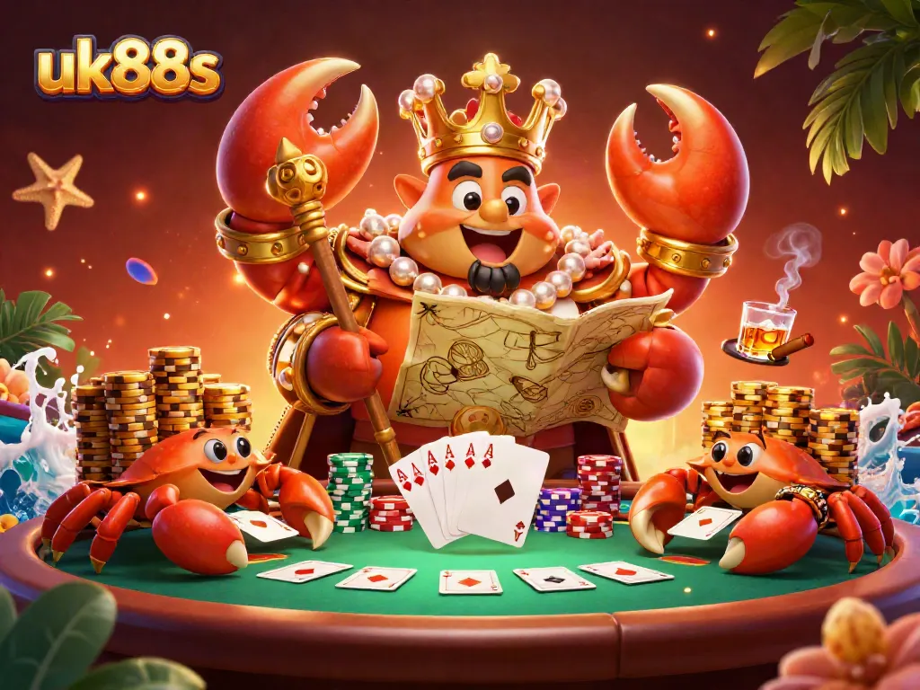 Engage in thrilling poker games with uk88s featuring a golden crab emperor amidst vibrant casino elements.