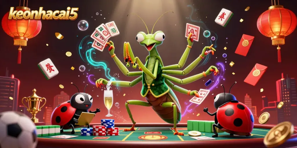 Bet on sports with keonhacai5, featuring a vibrant casino scene with cartoon characters and dynamic betting elements.