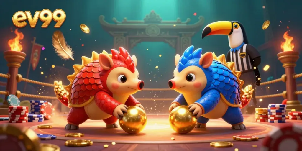 Experience exciting gameplay with ev99 as rival pangolins bowl through poker chips in a vibrant casino scene.