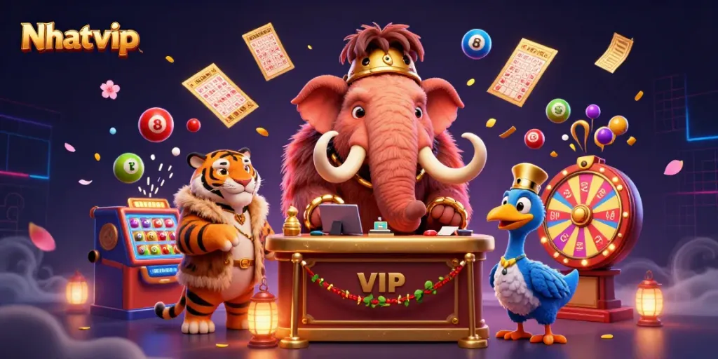 Nhatvip casino bouncer checks IDs at the vibrant lottery entrance, animated with dazzling game elements.